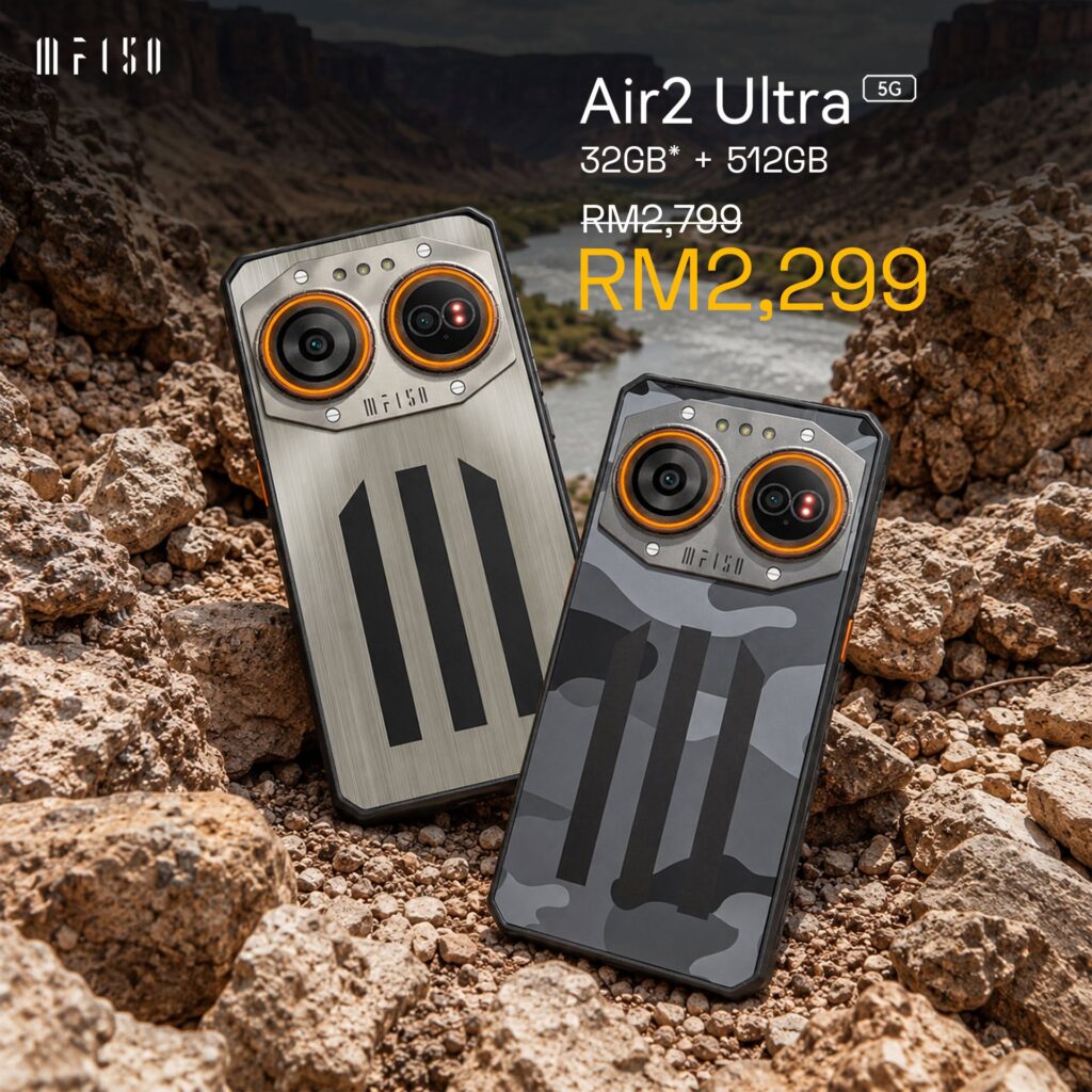 Two IIIF150 Air2 Ultra rugged smartphones displayed on rocky terrain, one in a silver design and the other in a camouflage pattern, showcasing their dual-camera feature and rugged aesthetics.
